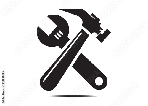hammer and wrench logo silhouette vector, hand tool logo silhouette illustration, construction equipment logo, repair service wrench crossed over a hammer logo silhouettes vector on white background 