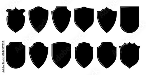 Shield icon. Security shield frames, heraldic emblems privacy protection concept, simple security badge silhouettes, geometric rectangle shields. Vector flat set