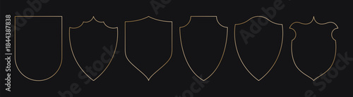 Golden shield frames. Geometric luxury gold borders, simple security badges, elegant thin line decorative shapes for wedding birthday card design, heraldic arch badges. Vector set
