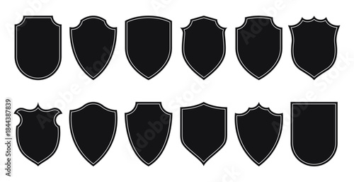Shield icons. Heraldic shields simple geometric shapes, security black labels and arch badges, privacy protection badge silhouettes, blank shield arch frames. Vector set