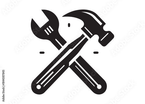 hammer and wrench logo silhouette vector, hand tool logo silhouette illustration, construction equipment logo, repair service wrench crossed over a hammer logo silhouettes vector on white background 