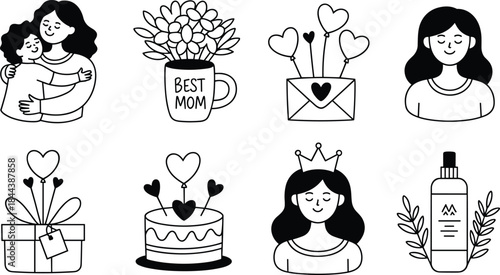 Mother’s Day Line Art Icons Set with Mom Portraits, Gifts, Flowers and Love Symbols Vector