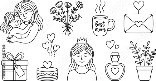 Mother’s Day Line Art Icons Set with Mom and Child, Gifts, Flowers and Love Symbols Vector
