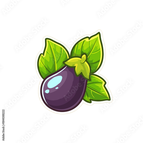 Cartoon eggplant illustration with green leaves isolated on white background