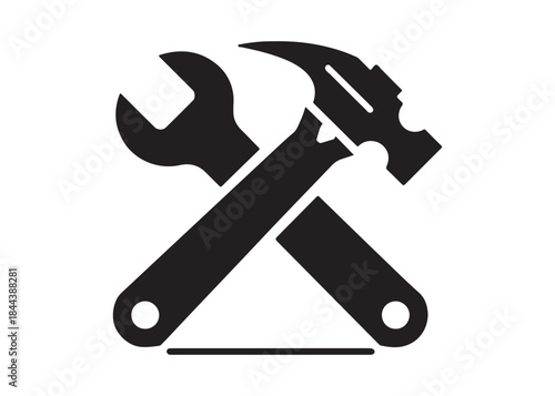 hammer and wrench logo silhouette vector, hand tool logo silhouette illustration, construction equipment logo, repair service wrench crossed over a hammer logo silhouettes vector on white background 