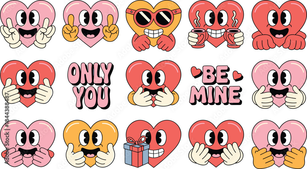 Fototapeta premium Cute Heart Characters with Love Gestures and Valentine Phrases Cartoon Vector Set