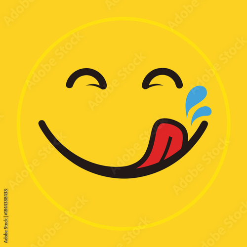 Yummy face smiley icon delicious with tongue lick mouth, tasty food eating emoticon face on yellow background, tasty emoji with saliva drops, smile vector cartoon line style