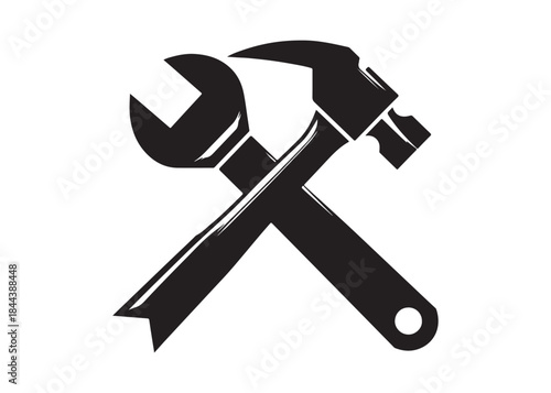hammer and wrench logo silhouette vector, hand tool logo silhouette illustration, construction equipment logo, repair service wrench crossed over a hammer logo silhouettes vector on white background 