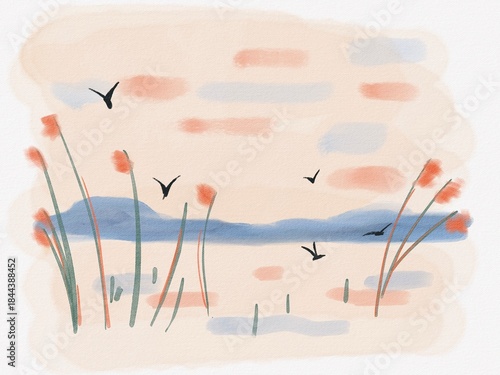  Illustration of a lake Hand-drawn illustration with a pleasant, light atmosphere. Can be used for postcards, packaging, prints, posters, and restaurant menus.