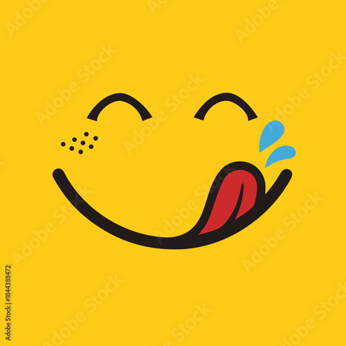 Yummy face smiley icon delicious with tongue lick mouth, tasty food eating emoticon face on yellow background, tasty emoji with saliva drops, smile vector cartoon line style