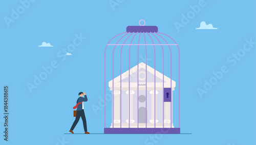 Businessman look at bank building locked inside bird cage. Financial sanction disconnect from SWIFT international money transfer, lockdown bank transaction.