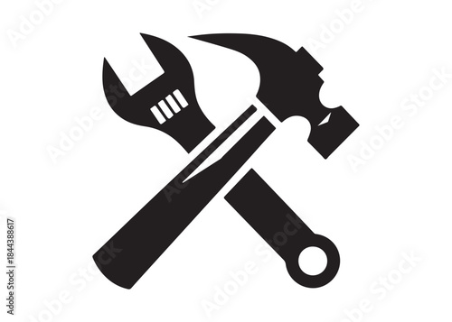 hammer and wrench logo silhouette vector, hand tool logo silhouette illustration, construction equipment logo, repair service wrench crossed over a hammer logo silhouettes vector on white background 