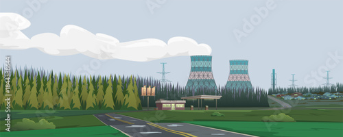 Panoramic scene of a mix of nature and global urbanization. Coniferous forest and meadows, thermal power plant pipes on the horizon. Highway with a gas station, houses on the outskirts of the town.