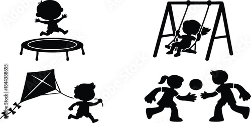 Children Playing and Playground Activities Silhouette Set
