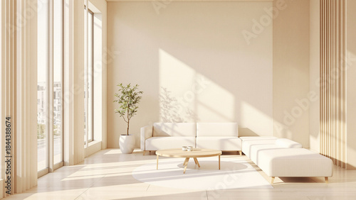 Modern white living room interior design featuring a luxury sofa, wood floor, and large window