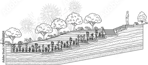 Architectural cross section shows terraced landscape design