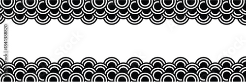  Top and bottom borders with traditional Japanese Seigaiha pattern and space for text. black and white sea or ocean waves print. fish squama or dragon scale. vector graphic illustration.