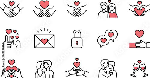 Love and Relationship Line Icon Set with Hearts, Couples and Romantic Symbols Vector