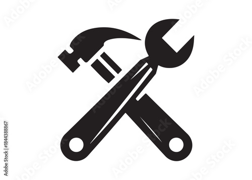hammer and wrench logo silhouette vector, hand tool logo silhouette illustration, construction equipment logo, repair service wrench crossed over a hammer logo silhouettes vector on white background 