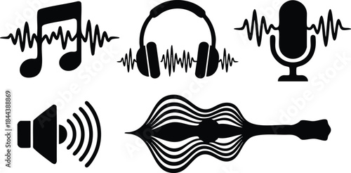 Music, Sound Waves, and Audio Equipment Icons