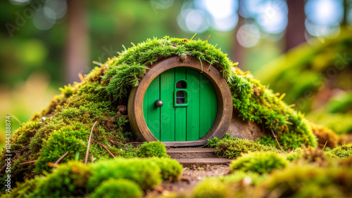 Old wooden building with ivy-covered wall, stone foundation, and leafy green grass garden in summer