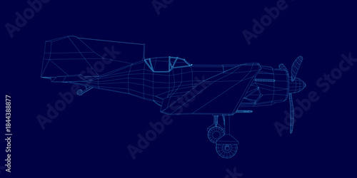 Retro aircraft blueprint featuring a detailed 3D wireframe model on a solid blue background. This technical illustration highlights the plane's classic design and structural framework.