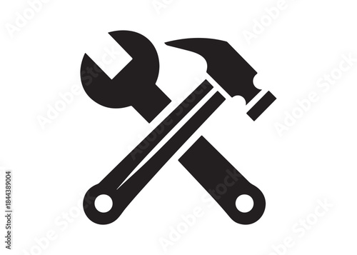 hammer and wrench logo silhouette vector, hand tool logo silhouette illustration, construction equipment logo, repair service wrench crossed over a hammer logo silhouettes vector on white background 