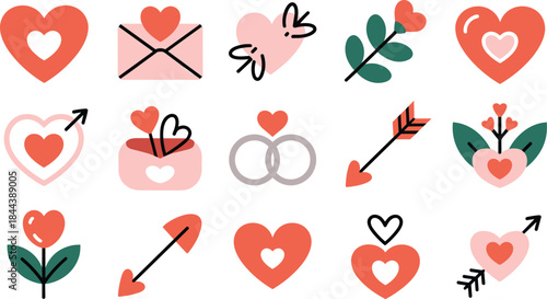 Cute Love and Valentine Icon Set with Hearts, Arrows and Floral Elements Vector