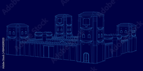 A modular 3D wireframe model of the Tower of London fortress, presented as a blueprint against a solid blue background. This detailed structural view highlights the architectural layout.