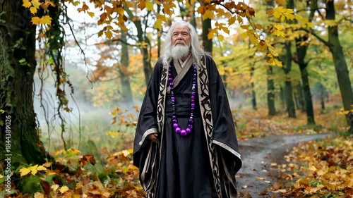 Mysterious old man with long white beard and traditional robes walking in autumn forest.
