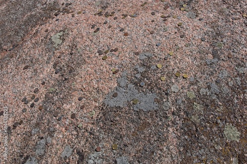Close-up of Aljava Ukukivi (Offering stone of Uku) boulder with offering coins left on rock in sunny summer weather, Muhu, Estonia.