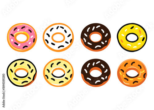 Set of cartoon colorful donuts isolated on white background. The view from the top and from the side. Vector illustration