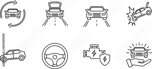 Automotive technology vector icon set representing advanced driver assistance systems and smart vehicle features isolated on white background