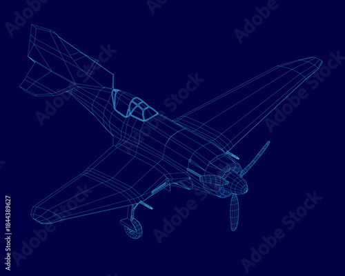 Retro aircraft wireframe model with detailed wings, tail, and cockpit visible. The 3D rendering on a blue background provides a realistic technical visualization.