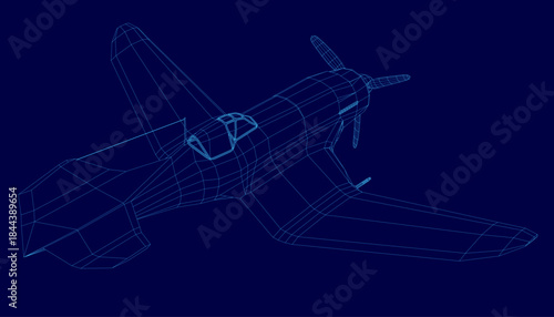 A retro wireframe plane model floats against a solid blue background. The 3D rendering provides a realistic and detailed view of the aircraft's structure.