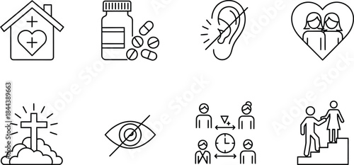Collection of outline vector icons depicting social issues, health, community, and care concepts isolated on white background