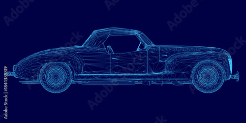 A retro sports car wireframe model rendered in realistic 3D against a solid blue background for stark contrast.
