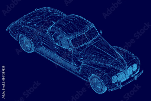 A retro sport car wireframe model rendered in realistic 3D against a solid blue background.
