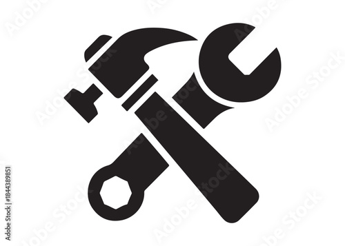 hammer and wrench logo silhouette vector, hand tool logo silhouette illustration, construction equipment logo, repair service wrench crossed over a hammer logo silhouettes vector on white background 