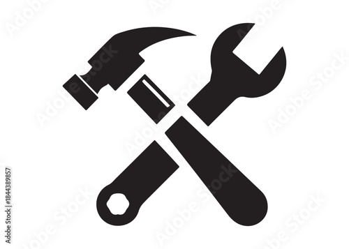 hammer and wrench logo silhouette vector, hand tool logo silhouette illustration, construction equipment logo, repair service wrench crossed over a hammer logo silhouettes vector on white background 