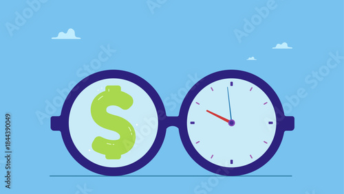Eyeglasses with dollar sign and time running clock.  Time is money, investment profit or pension fund, value price or long term investing, saving money or debt payment, financial freedom.