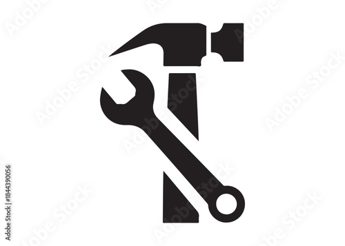 hammer and wrench logo silhouette vector, hand tool logo silhouette illustration, construction equipment logo, repair service wrench crossed over a hammer logo silhouettes vector on white background 