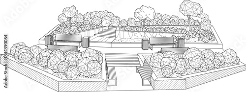 Modern landscape design sketch of tiered park seating area