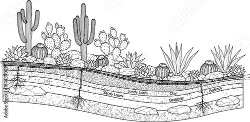 Desert drip irrigation system supporting native cactus and succulent garden