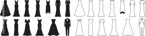 Set of Black Formal Dresses, Evening Gowns, and Suit Silhouettes with Outline Icons isolated PNG with Transparent Background