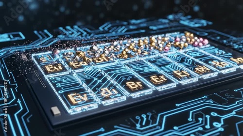Dynamic visualization showcasing microscopic particles moving into a stylized electric vehicle battery schematic representing essential rare earth elements abstract loop, chemical reaction, macro shot