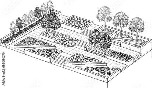 Modern terraced landscape design concept with geometric planters