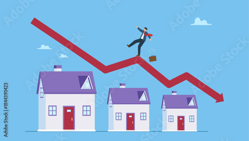Businessman or investor home owner falling on decline falling down housing graph. Housing price falling down, real estate and property crash, value drop or decline, home loan or mortgage risk.