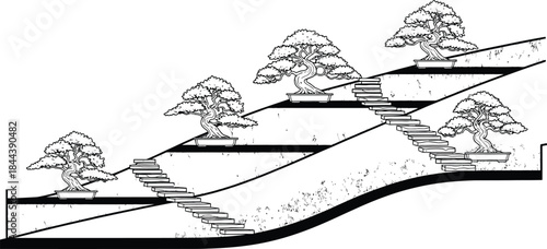 Zen garden landscape with elegant bonsai trees and steps