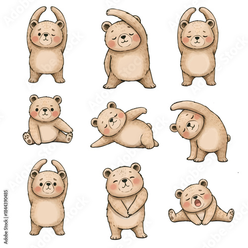 Adorable Teddy Bear Stretching and Yoga Exercise Illustration Collection